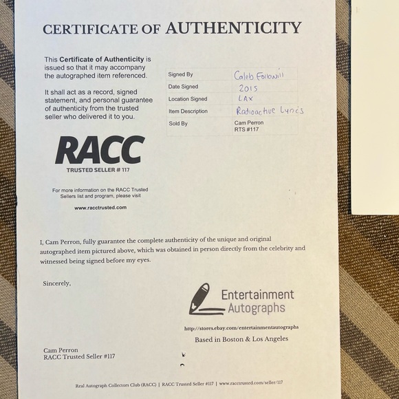 Kings of Leon Caleb Followill Signed Memorabilia Set - Picture 4 of 8